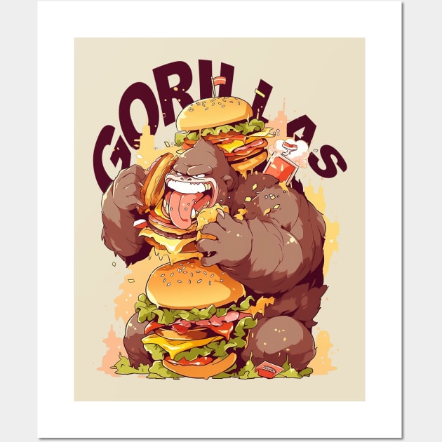 GORILLAS EAT CHEESE BURGER Wall Art by Graphic Glam